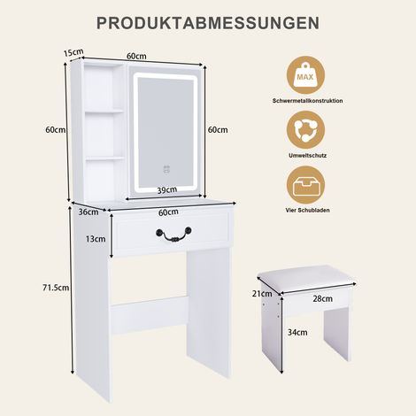 Coiffeuse moderne minimaliste avec miroir LED dimmable – Compacte avec rangement caché, tabouret rembourré inclus, blanc, L60/H131,5/P36 cm. (1/5)