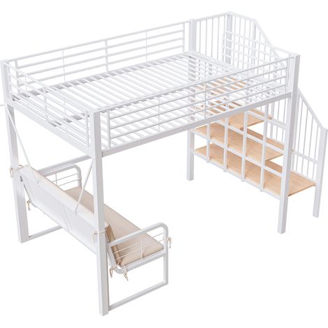 Etagenbett 140 x 200 cm aus Metall, weiß, mit abnehmbarem Sofa und Stauraumtreppe (1/5)