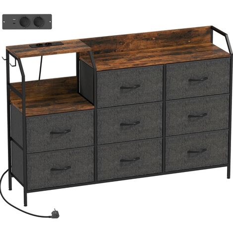 Commode 8 tiroirs en tissu avec station de recharge, étagère ouverte, structure en acier et pieds réglables, style industriel brun rustique  CHICFURN (1/5)