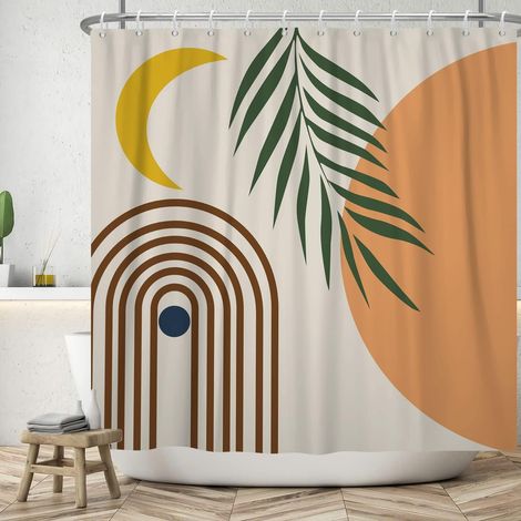 183x213cm Abstrait Rideau de Douche Arc-en-Ciel Lune Feuille de Palmier Salle de Bain Aquarelle Plante Tropicale Boho Baignoire étanche (1/5)