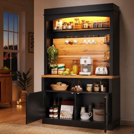 Armario de cocina 107x43x184 cm en negro con LED, estantes abiertos y sistema antivuelco (1/5)