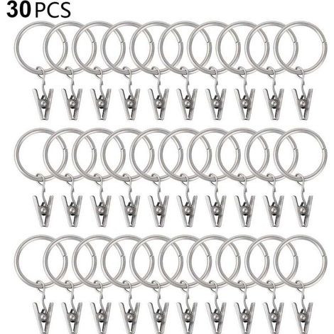 30 PCS curtain rings with clips, sturdy drapery clips, hooks on tension rod bracket, inner diameter metal eyelets, decorative curtain hangers, silver