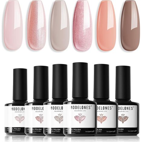 Modelones Vernis Gel Semi Permanent Nude Rose Pailleté, Vernis à Ongles Semi Permanent 6 pcs Naturelle Ivoire Beige Laiteux Soak Off UV LED Gel pour French Manucure Nail Art (1/5)