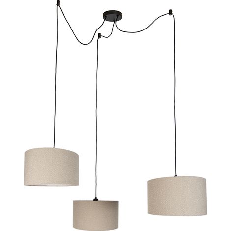 QAZQA Pendant Lamp Black with Beige Teddy Fabric 35cm 3-Lights -