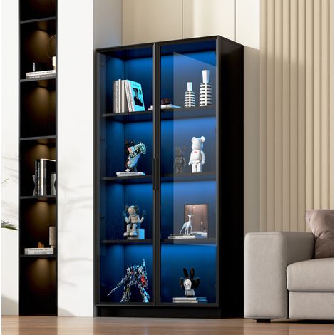 Vitrina de cristal con LED APP, doble puerta, 80 x 40 x 160 cm, negra DESVIAE (1/5)