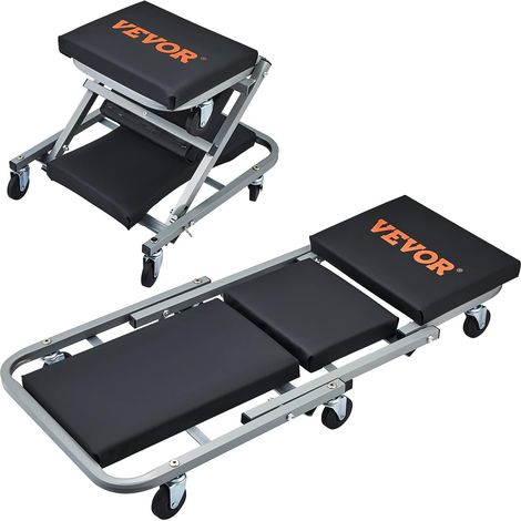 Chariot de Visite et Tabouret d’Atelier 2 en 1, Chariot Roulant Pliable pour Mécanicien, Capacité 136 kg, Profil Bas, 6 Roues, pour Garage, Magasin, Réparation Automobile, Allonger ou s'Asseoir (1/5)