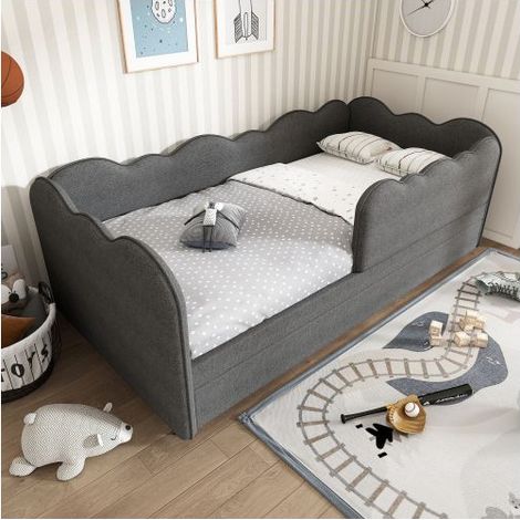 Lit gigogne enfant 90x190cm Canapé-lit avec lit extensible, en Lin Gris, Design Nuage, avec sommier, sans matelas (1/5)