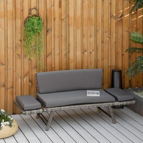 Outsunny Polyrattan Gartensofa 2 Sitzer Gartenmöbel Loungesofa Gartenbank Gartenliege klappbar Armlehnen Stahl Grau 129 x 63 x 67 cm
