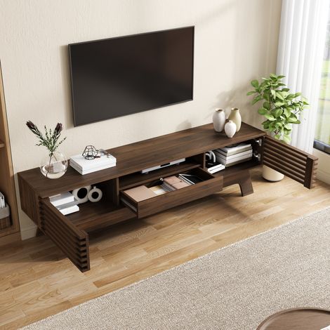 Mobile TV 150x35x44 cm, ante a lamelle, cassetto e vano aperto, MDF, noce (1/5)