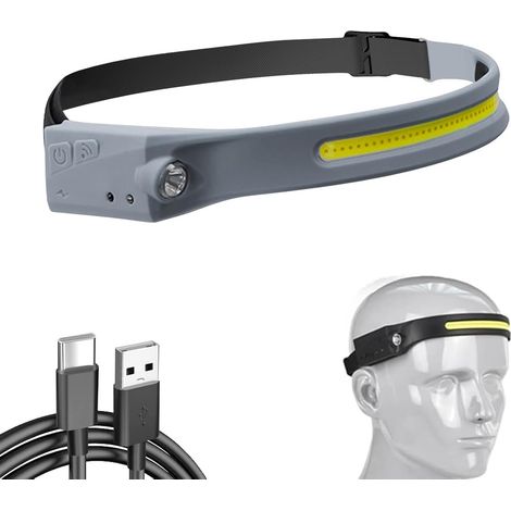 Linterna frontal LED recargable, súper brillante con sensor de movimiento, haz de luz de 230 grados, resistente al agua para senderismo, correr y acampar (B-1PC)