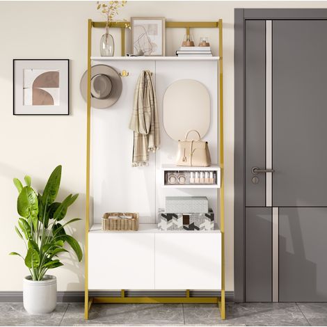Garderobenmöbel mit Spiegel, Haken und Schuhaufbewahrung, Weiß, OKMYHOME (1/5)