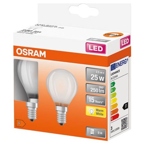 LED Sphärischer Glas Poliert 2,5W E14 250lm 2700K Warmlicht X2 - Ledvance GP