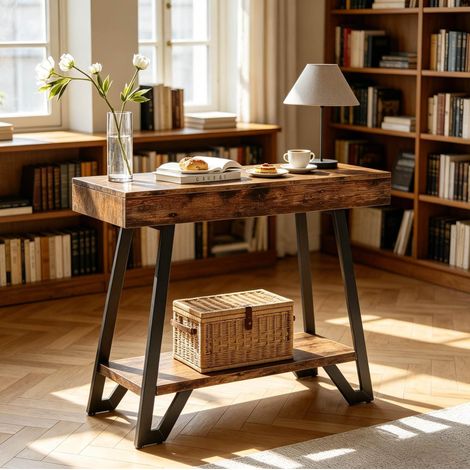REDOM - Table à manger 2 niveaux - rangement pratique - structure géométrique - MDF et métal - noir et brun rustique (1/5)