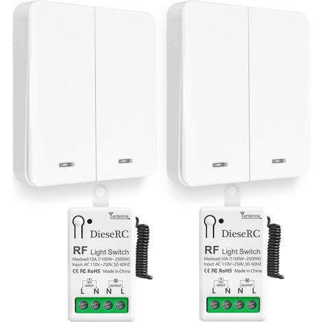 Interruptor de luz inalámbrico, interruptor transmisor RF para panel de pared tipo 86 y controlador-receptor de relé de 10 A, para luces de hasta 1500 W. (1/5)