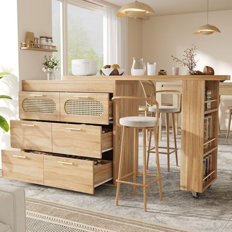 Table de bar avec 6 tiroirs et portes en PE rattan – Plateau tournant 360° – Dispositif anti-basculement – Grand rangement – Bistrot pour salon, cuisine, salle à manger ou bureau (1/5)