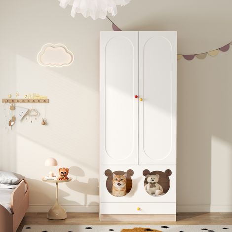 Armadio per bambini con appendiabiti 80x50x200 cm, guardaroba contenitore per cameretta con nicchia per gatto e maniglie in ceramica, bianco e legno naturale