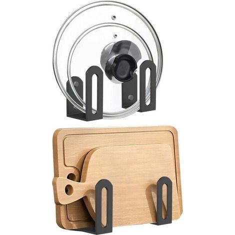 Organizador universal de tapas de ollas para montaje en pared - Juego de 2, acero inoxidable, tamaño ajustable de 6 a 13,5 pulgadas, fácil instalación. (1/4)