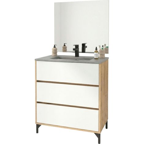 Mueble de Baño para Lavabo 80 cm Elba 3 Cajones Guías Metálicas Blanco Mate y Roble Kraft (Lavabo Cerámico) (1/5)