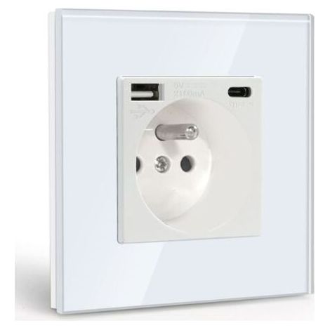 Prise murale avec USB et Type C – Charge rapide 2,1 A – Panneau en verre trempé – Protection contre les surtensions – Installation facile (1/5)
