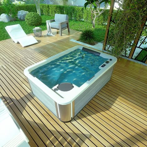 Kinedo – Spa rigide 4 places rectangulaire 230x160x78 cm – 20 buses directionnelles et rotatives – Chromothérapie – Structure en acier – 750 L (1/3)