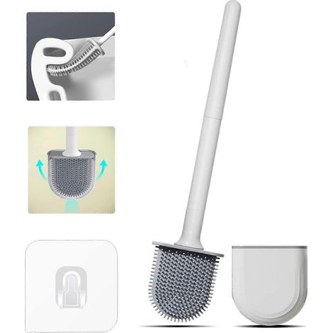Brosse de toilette en silicone avec support auto-adhésif mural, sans danger pour le mur et munie d'une valve d'aération. (1/5)