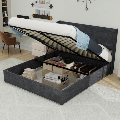 Cama con almacenaje 140x200 cm arcón con pistones tapizado y metal terciopelo gris (Sin colchón) (1/5)
