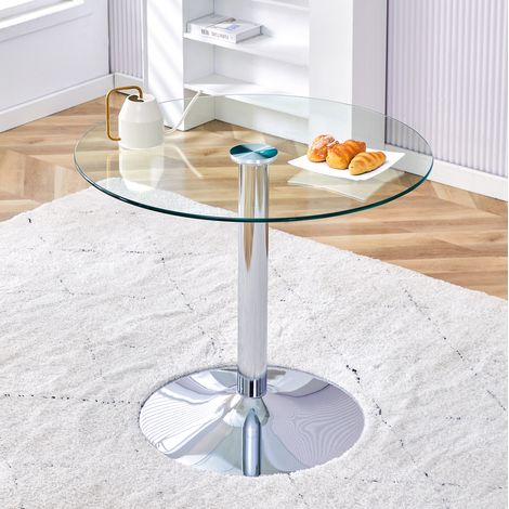 Tavolo da pranzo rotondo in vetro 85 cm, altezza 76 cm, base in metallo argento HAVRYA (1/5)