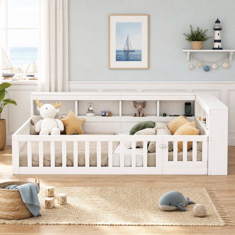 Cama nido 140x190 cm blanca de aglomerado y MDF con almacenaje, enchufes USB y somier (1/5)