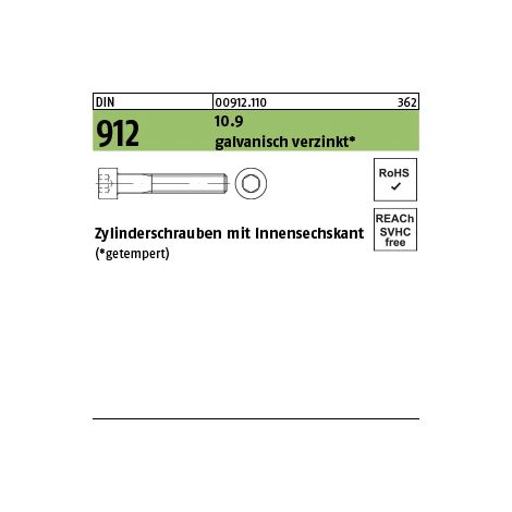 DIN 912/ISO 4762 Zylinderkopf-Schaftschraube M16x125 Stahl 10.9 galvanisch verzinkt Innensechskant 25 Stk