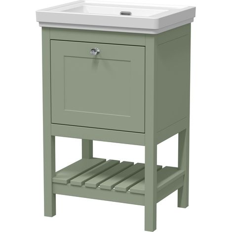 Balterley Coppenhall Traditional Bathroom 1 Soft Close Drawer Floor Standing Vanity Unit Basin, Fern Green, 531mm (1/4)