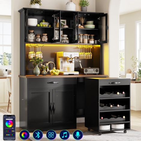Buffet de cuisine haut 140 cm avec LED intégrée – Meuble de rangement portes et tiroirs – Meuble pantry sur roulettes – Armoire de cuisine facile d'entretien