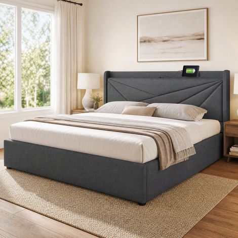 Lit coffre 180x200 USB-C tête de lit tissu gris HAVRYA (1/5)