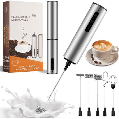 Mousseur à Lait Électrique Cappuccino, USB-C Rechargeable, en Acier Inox avec 3 Vitesses et 5 Embouts, Fouet Portable pour Café, Latte, Matcha, Chocolat Chaud, Crème, Œufs(argent) (1/5)