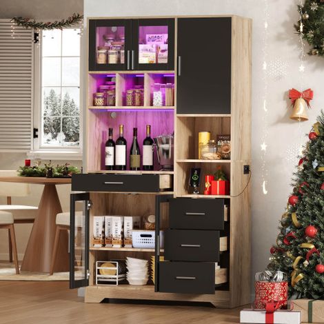 Hohes Sideboard 100×40×185 cm mit 5 Türen, 4 Schubladen, LED-Beleuchtung, offenen Regalen und Stauraum, aus MDF, natur und schwarz