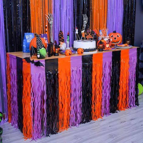 Décorations de fête d'Halloween - Lot de 2 jupes de table à franges métalliques ondulées orange, violettes et noires pour tables rectangulaires et rondes