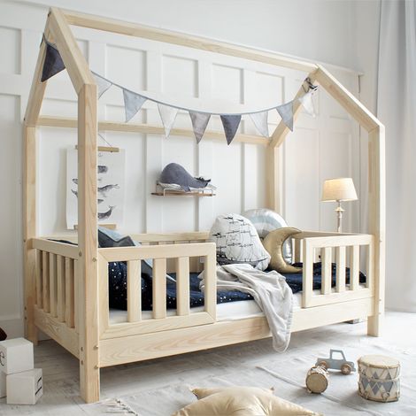 Cama cabaña 90x190 con barandilla y somier patas de 10 cm Daisy Madera (1/4)