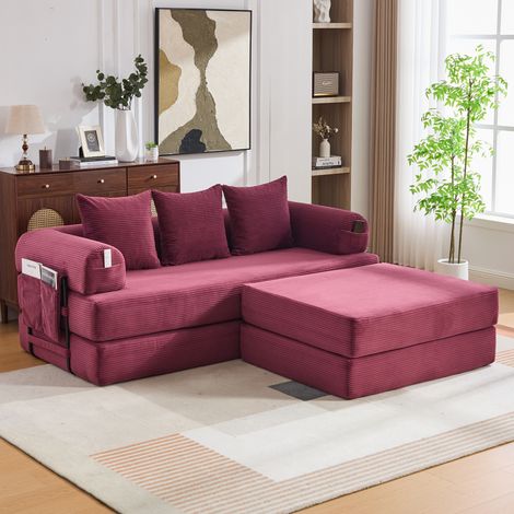 Canapé modulable velours côtelé pouf structure métal robuste poche latérale 3 coussins confort rembourrage épais combinable rouge bordeaux (1/5)