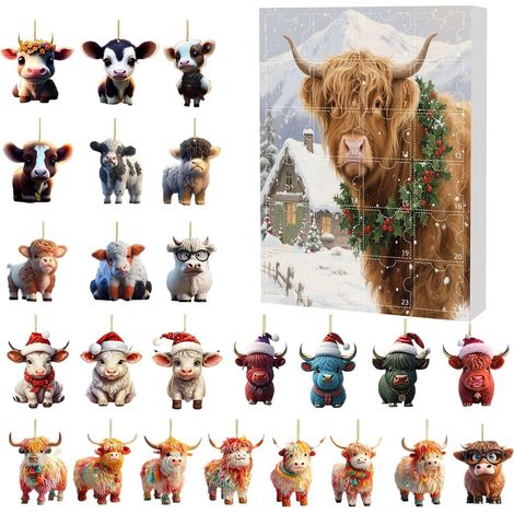 Calendrier de l'Avent Highland Cow Pendentifs Charme Animaux Acrylique 2D Calendrier de l'Avent 24 jours déco vache Pendentifs charme animal en acrylique pour arbre, fenêtre, porte, fête (1/5)