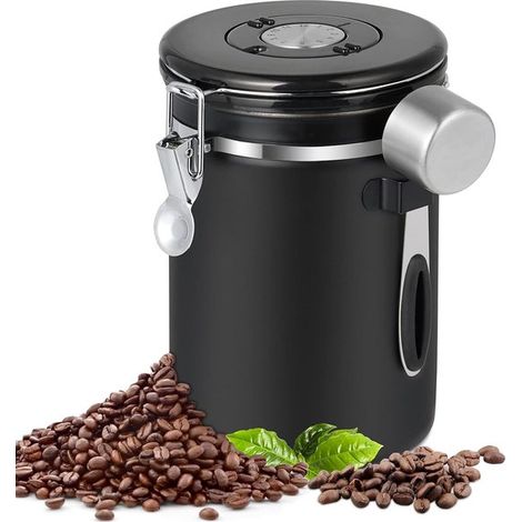 Luftdichte Edelstahl-Kaffeedose (1,8 Liter) mit Messlöffel und Datumsanzeige – Aufbewahrungsbehälter für Kaffeebohnen – Schwarz