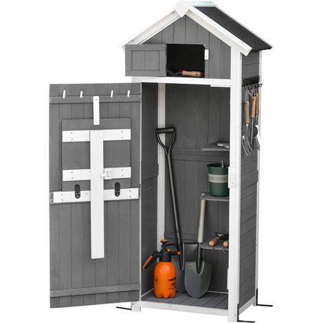 Abri de jardin en bois, résistant aux intempéries, 78 x 52,5 x 182 cm, avec porte, toit en pente, armoire à outils avec crochets, table pliante, idéal pour le jardin ou la terrasse, gris. (1/5)
