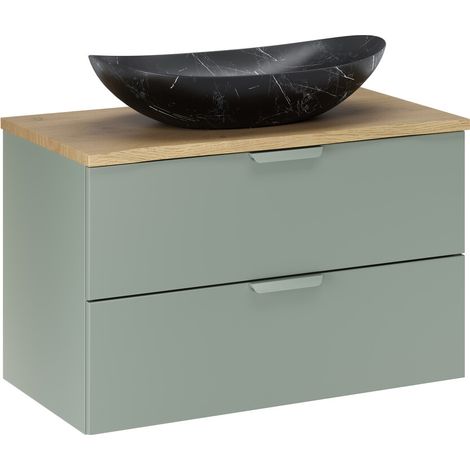 Ensemble meuble et vasque Lena 80 cm ASTER vert avec plan en chêne (1/5)