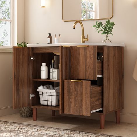 Meuble salle de bain 91 cm, vasque en céramique, 2 portes, tiroir, façade rainurée, pieds en bois, design moderne - Noyer (1/5)