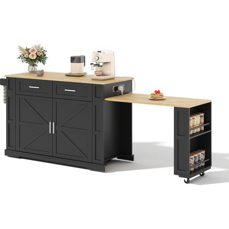 Îlot central de cuisine extensible Noir,Desserte Cuisine avec 2 tiroirs,plan de travail,prise avec USB,130-205x50x93cm (1/5)