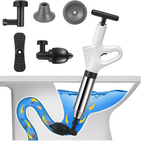 Desatascador de Tuberías con Aire Comprimido, esatascador de Inodoro con Barómetro, Desatascador Tuberias a Presion con Cuatro Ventosas Diferentes Adecuado para Inodoro, Lavabo, Bañera (1/4)
