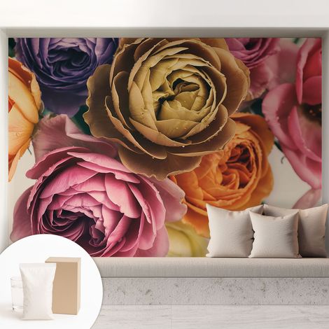 Tapete Vliestapete mit Kleber Wandtapete modern - Tapete mit Motiv - Tapete Schlafzimmer Bunte Rosen 208x146 cm (1/5)