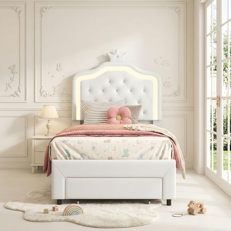 Lit Enfant 90x190 cm avec tiroirs, Lit fille - Tête de lit avec couronne avec LED - Sommier à Lattes Inclus, Design Scandinave, Blanc