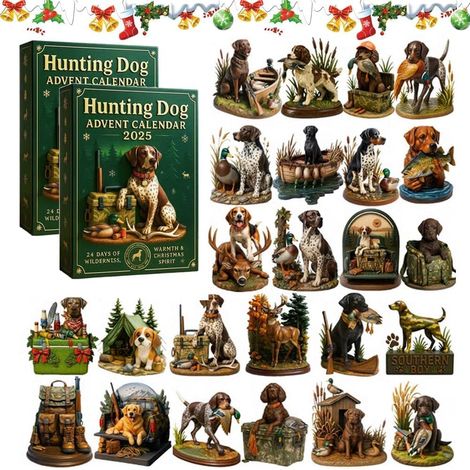 Calendrier de l'Avent 2025 en forme de chien de chasse – 24 jours de surprises de vacances sur le thème de la vie de chasse, décoration festive en acrylique 2D (décorations de Noël récupérant des (1/5)
