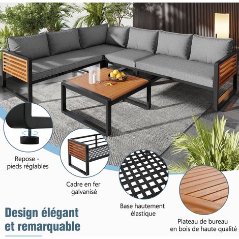 Canapé de jardin pour 5-6 personnes, moderne pour extérieurs, cadre fer galvanisé, appuis-têtes décoratifs bois, idéal jardin et terrasse. (1/5)