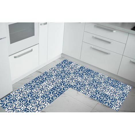 Set di 2 tappeti da cucina antiscivolo e lavabili in lavatrice passatoia multiuso Mattonella Blu - 50x80+50x160