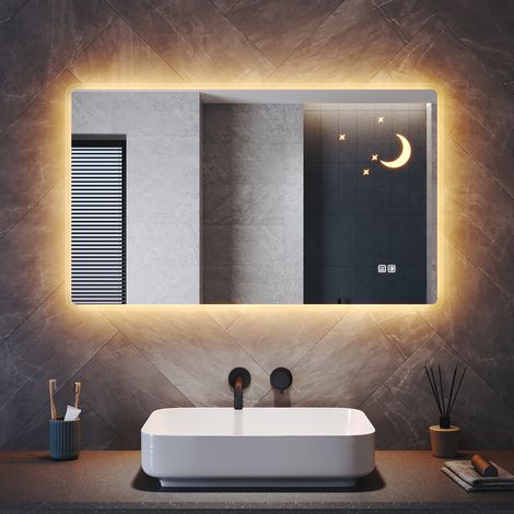 ELEGANT Bathroom LED Mirror with Shaver Socket Anti-Fog and 3 Lighting Modes Illuminated Frosted Glass Shelf, Moon-Star Design 800x600mm (1/5)